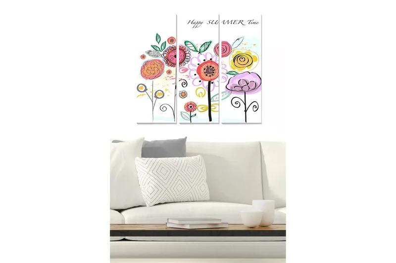 Canvastavla i trä 3-delar 50x70 cm - Färgglad bukett av blommor med lekfulla detaljer - Rosa / Gul / Grön - Inredning & dekor - Tavlor & konst - Canvastavla