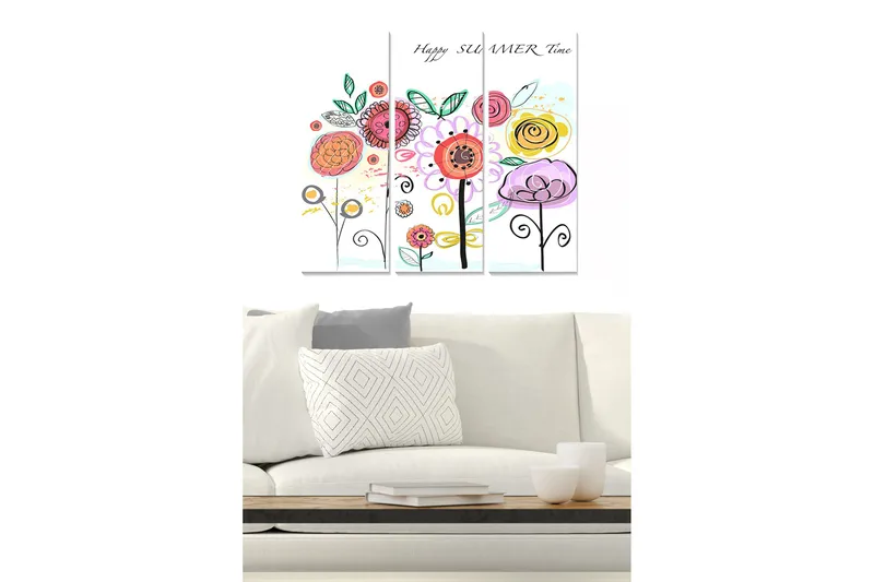 Canvastavla i trä 3-delar 50x70 cm - Färgglad bukett av blommor med lekfulla detaljer - Rosa / Gul / Grön - Inredning & dekor - Tavlor & konst - Canvastavla