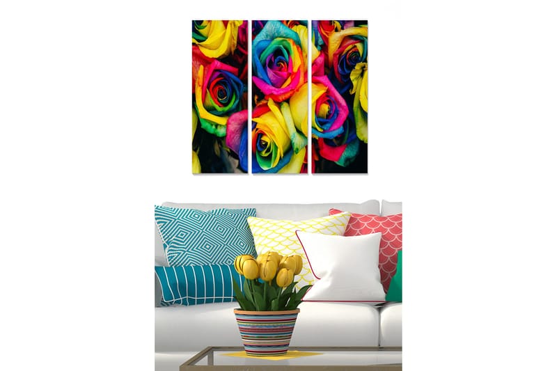 Canvastavla i trä 3-delar 50x70 cm - Färgglad bukett av rosor - Gul / Rosa / Blå - Inredning & dekor - Tavlor & konst - Canvastavla