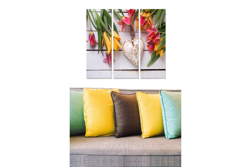Canvastavla i trä 3-delar 50x70 cm - Färgglad bukett av tulpaner med ett hjärta i mitten - Rosa / Gul / Grön - Inredning & dekor - Tavlor & konst - Canvastavla