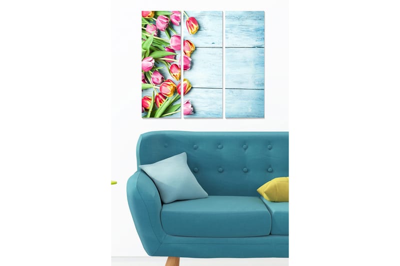 Canvastavla i trä 3-delar 50x70 cm - Färgglad bukett av tulpaner, Rosa / Grön / Gul