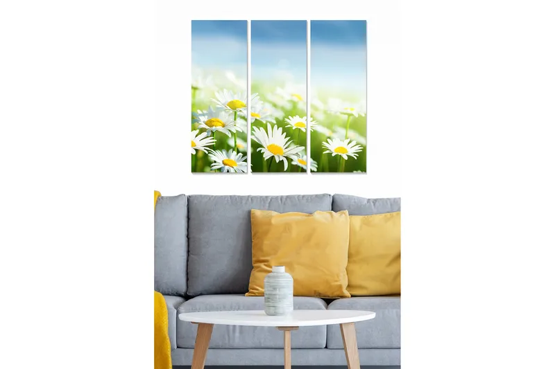 Canvastavla i trä 3-delar 50x70 cm - Färgglad bukett av prästkragar, Vit / Gul / Grön