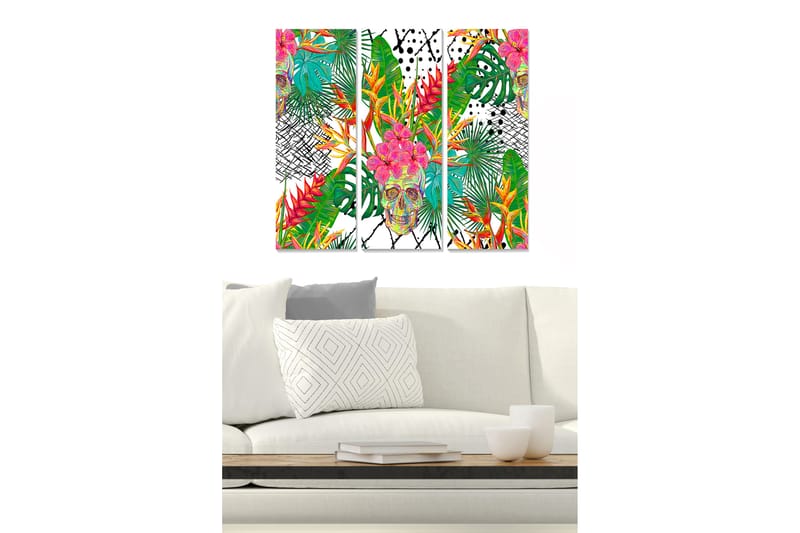 Canvastavla i trä 3-delar 50x70 cm - Färgglad dödskalle omgiven av tropiska växter och blommor - Grön / Rosa / Gul - Inredning & dekor - Tavlor & konst - Canvastavla