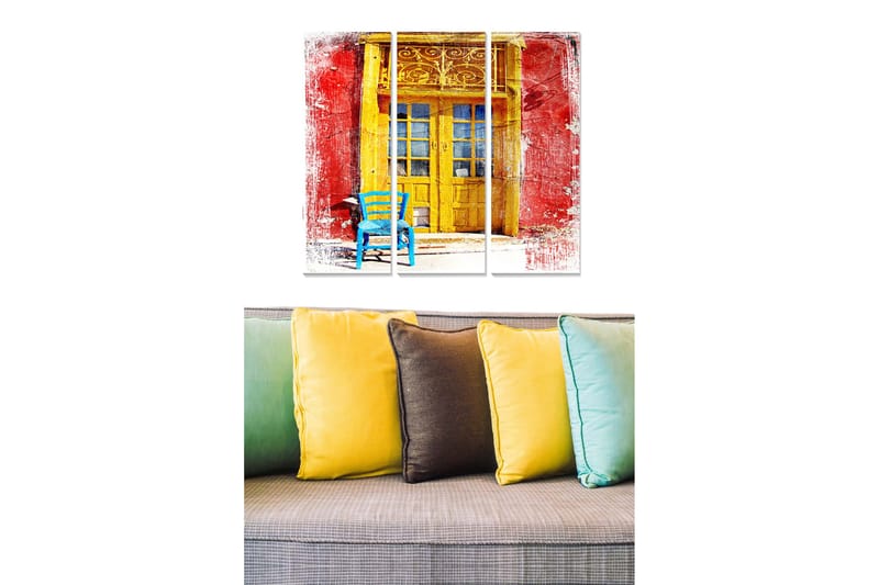 Canvastavla i trä 3-delar 50x70 cm - Färgglad dörr med en blå stol framför, Röd / Gul / Blå