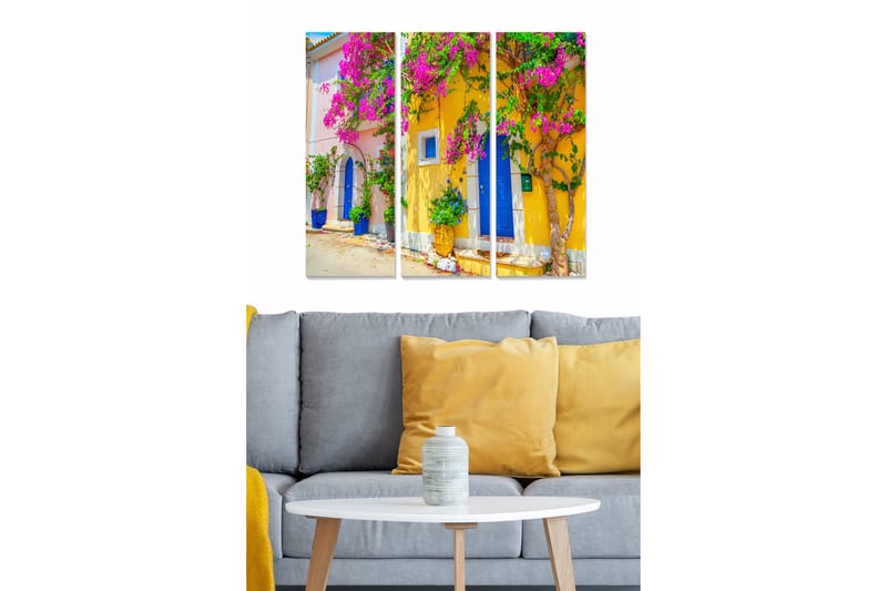 Canvastavla i trä 3-delar 50x70 cm - Färgglad fasad med bougainvillea och blå dörr, Rosa / Gul / Blå