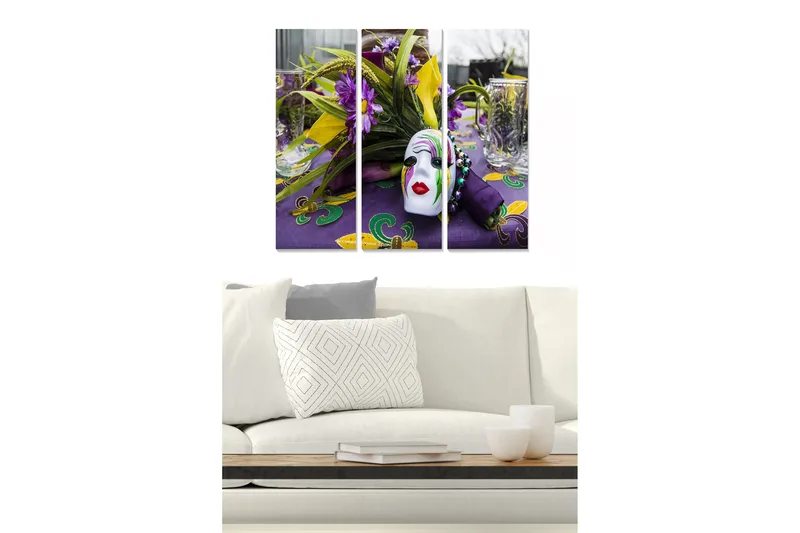 Canvastavla i trä 3-delar 50x70 cm - Färgglad festlig dukning med en mask och blommor, Lila / Gul / Grön