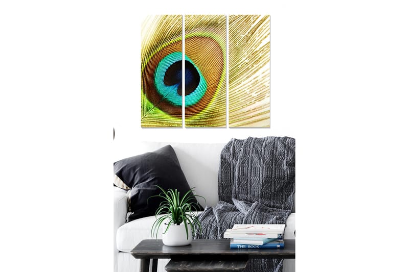 Canvastavla i trä 3-delar 50x70 cm - Färgglad fjäder med öga-liknande mönster - Turkos / Guld / Svart - Inredning & dekor - Tavlor & konst - Canvastavla