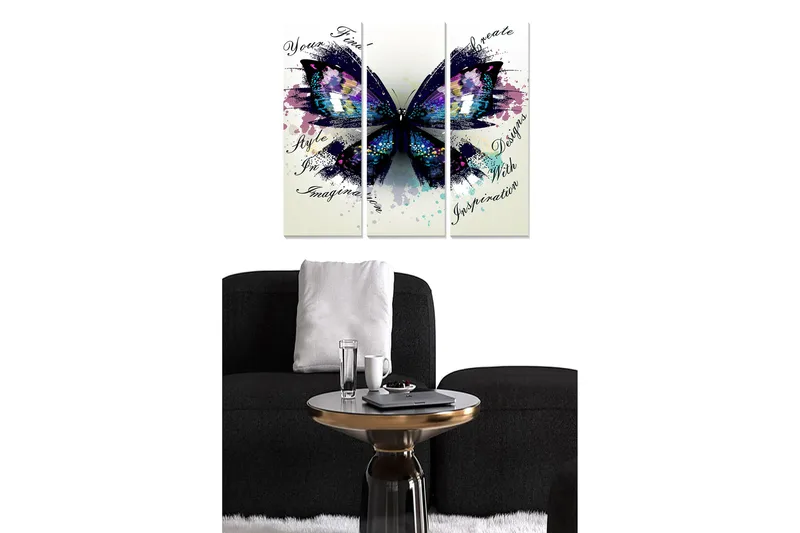 Canvastavla i trä 3-delar 50x70 cm - Färgglad fjäril med abstrakta inslag - Lila / Blå / Svart - Inredning & dekor - Tavlor & konst - Canvastavla
