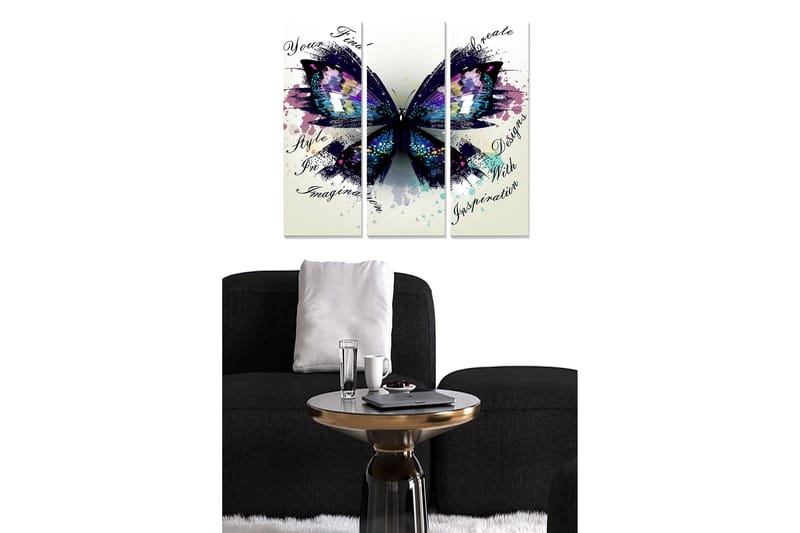 Canvastavla i trä 3-delar 50x70 cm - Färgglad fjäril med abstrakta inslag - Lila / Blå / Svart - Inredning & dekor - Tavlor & konst - Canvastavla