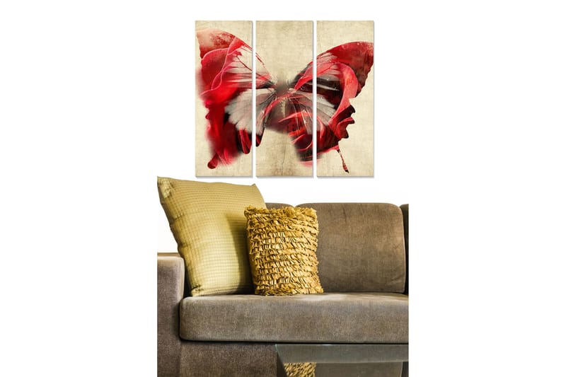 Canvastavla i trä 3-delar 50x70 cm - Färgglad fjäril med röda och vita detaljer, Röd / Vit