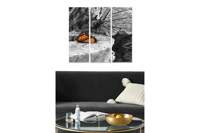 Canvastavla i trä 3-delar 50x70 cm - Färgglad fjäril på en grå träyta, Orange / Svart