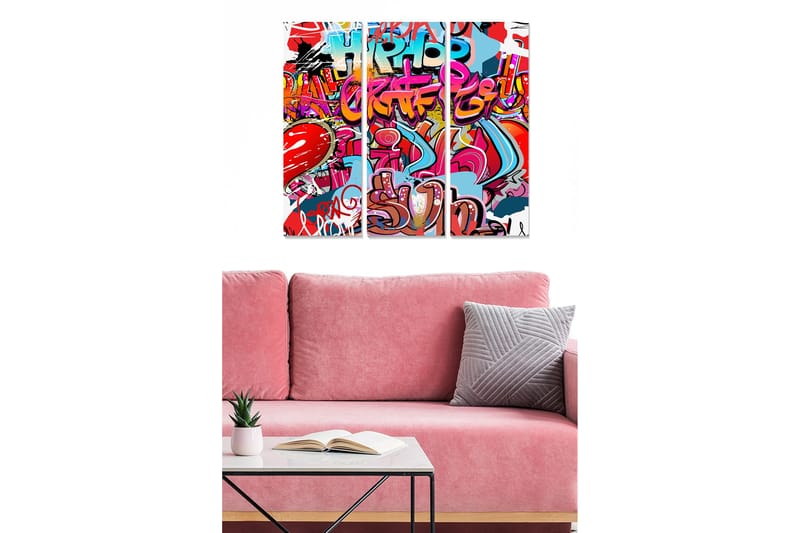 Canvastavla i trä 3-delar 50x70 cm - Färgglad graffiti med urbana inslag och hjärtmotiv, Röd / Blå / Rosa