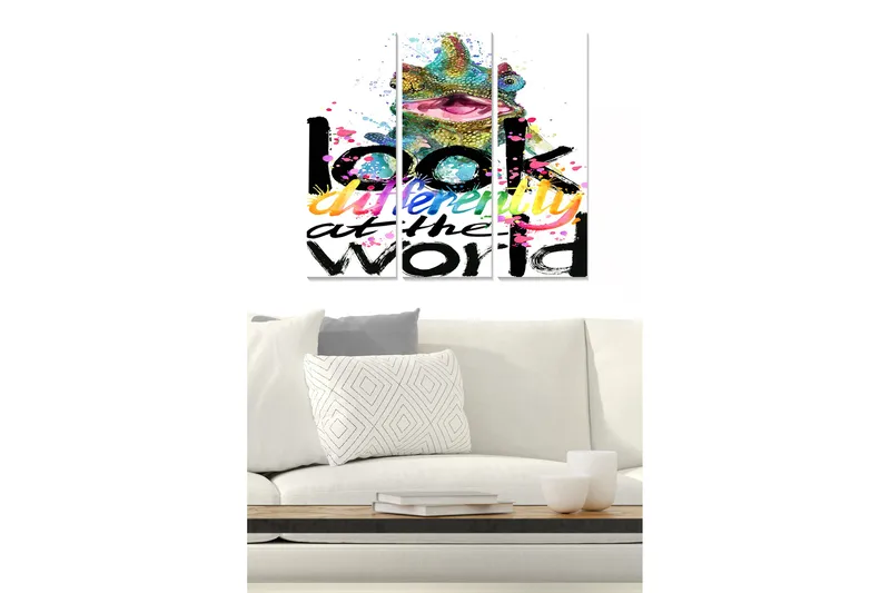 Canvastavla i trä 3-delar 50x70 cm - Färgglad kameleont med inspirerande text, Grön / Rosa / Svart