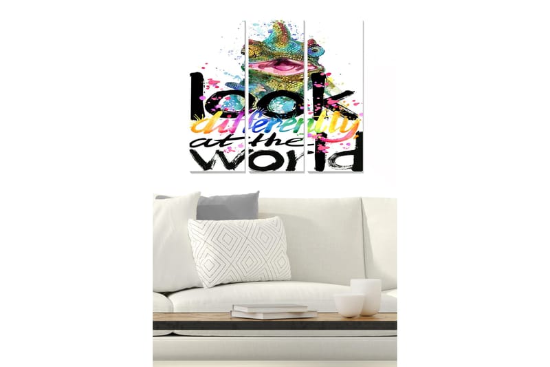 Canvastavla i trä 3-delar 50x70 cm - Färgglad kameleont med inspirerande text, Grön / Rosa / Svart