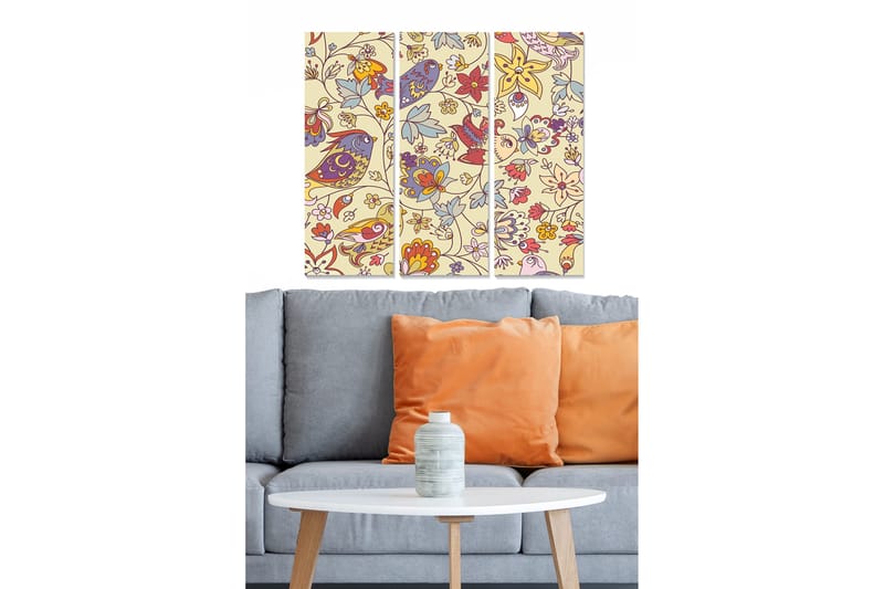 Canvastavla i trä 3-delar 50x70 cm - Färgglad komposition av blommor och fåglar - Ljusgul / Röd / Blå - Inredning & dekor - Tavlor & konst - Canvastavla