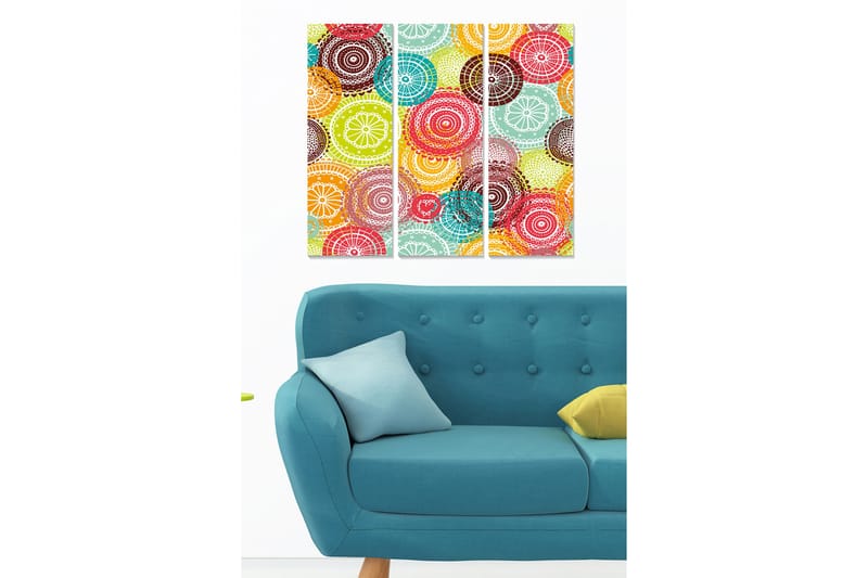 Canvastavla i trä 3-delar 50x70 cm - Färgglad komposition av cirklar och mönster, Röd / Grön / Turkos