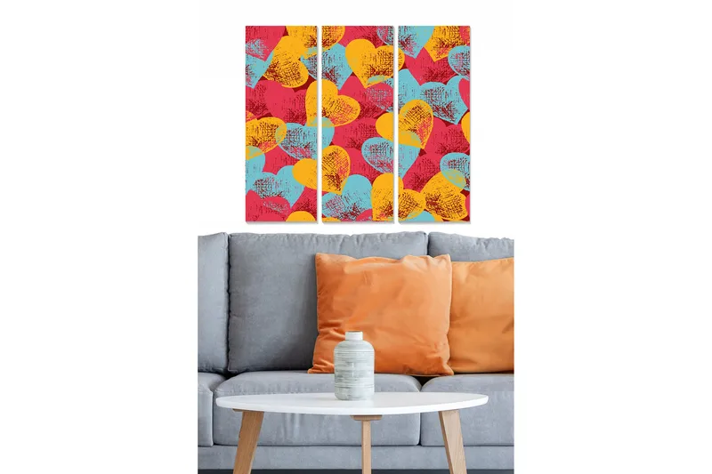 Canvastavla i trä 3-delar 50x70 cm - Färgglad komposition av hjärtformade mönster, Röd / Gul / Turkos