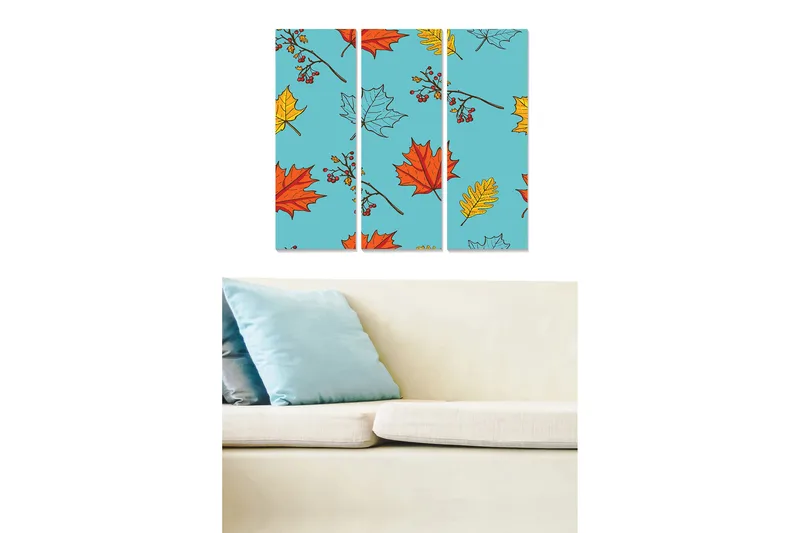 Canvastavla i trä 3-delar 50x70 cm - Färgglad komposition av höstlöv på blå bakgrund, Blå / Röd / Gul