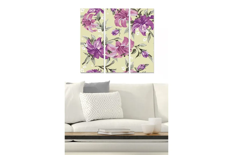 Canvastavla i trä 3-delar 50x70 cm - Färgglad komposition av liljor i olika nyanser, Lila / Grön / Beige