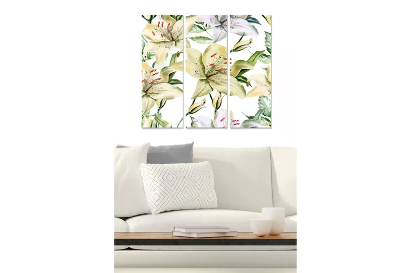 Canvastavla i trä 3-delar 50x70 cm - Färgglad komposition av liljor och gröna blad, Grön / Vit / Gul