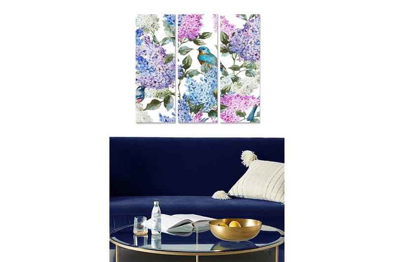 Canvastavla i trä 3-delar 50x70 cm - Färgglad komposition av syrener och fåglar, Lila / Blå / Grön