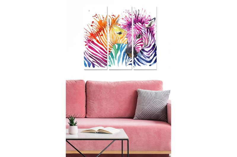 Canvastavla i trä 3-delar 50x70 cm - Färgglad komposition av zebror med abstrakta mönster - Lila / Orange / Grön - Inredning & dekor - Tavlor & konst - Canvastavla
