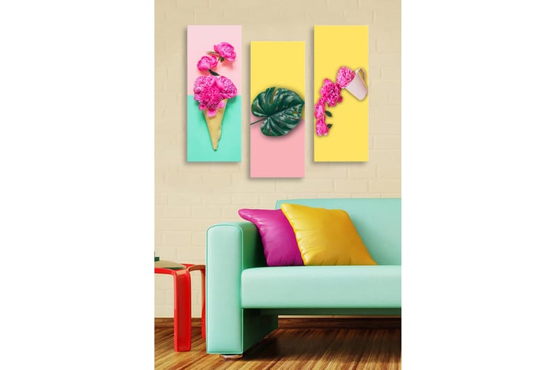 Canvastavla i trä 3-delar 50x70 cm - Färgglad komposition med blommor och blad i en glasskon som sträcker sig över tre paneler - Rosa / Grön / Gul - Inredning & dekor - Tavlor & konst - Canvastavla