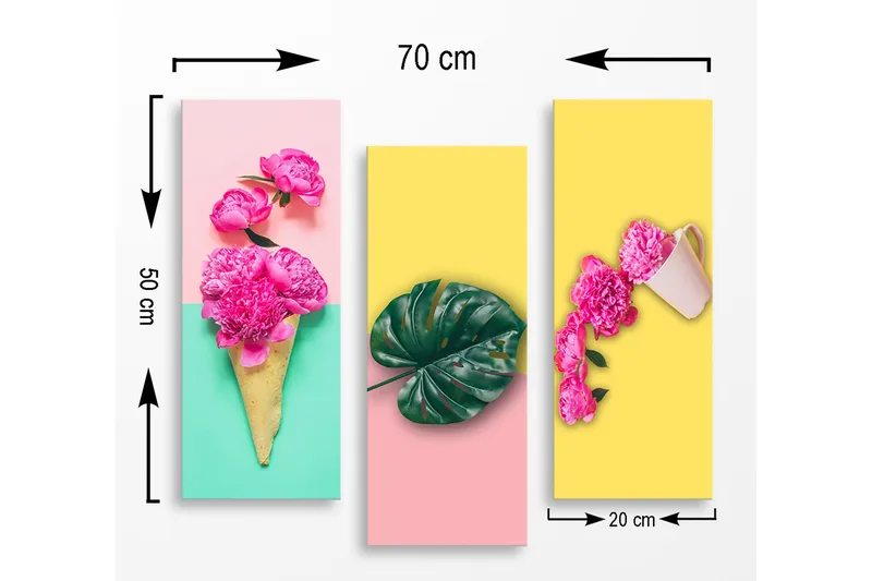 Canvastavla i trä 3-delar 50x70 cm - Färgglad komposition med blommor och blad i en glasskon som sträcker sig över tre paneler - Rosa / Grön / Gul - Inredning & dekor - Tavlor & konst - Canvastavla