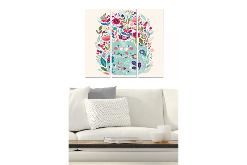 Canvastavla i trä 3-delar 50x70 cm - Färgglad komposition med blommor och fåglar - Grön / Rosa / Blå - Inredning & dekor - Tavlor & konst - Canvastavla