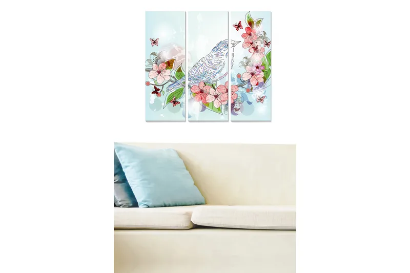 Canvastavla i trä 3-delar 50x70 cm - Färgglad komposition med fågel och blommor - Ljusblå / Rosa / Grön - Inredning & dekor - Tavlor & konst - Canvastavla