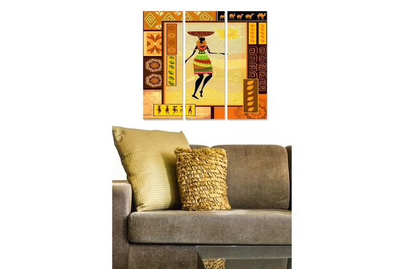 Canvastavla i trä 3-delar 50x70 cm - Färgglad kvinna med traditionell klädsel och en korg på huvudet, Orange / Brun / Gul