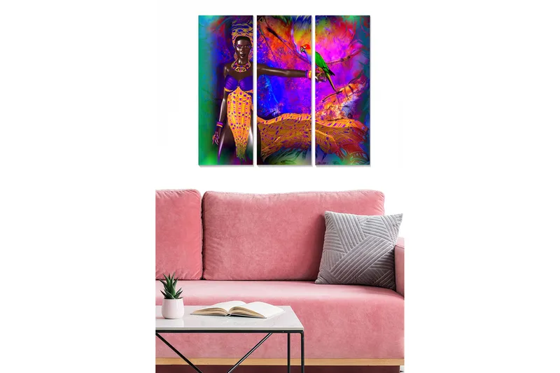 Canvastavla i trä 3-delar 50x70 cm - Färgglad kvinna med papegoja i en livfull tropisk miljö, Lila / Grön / Orange