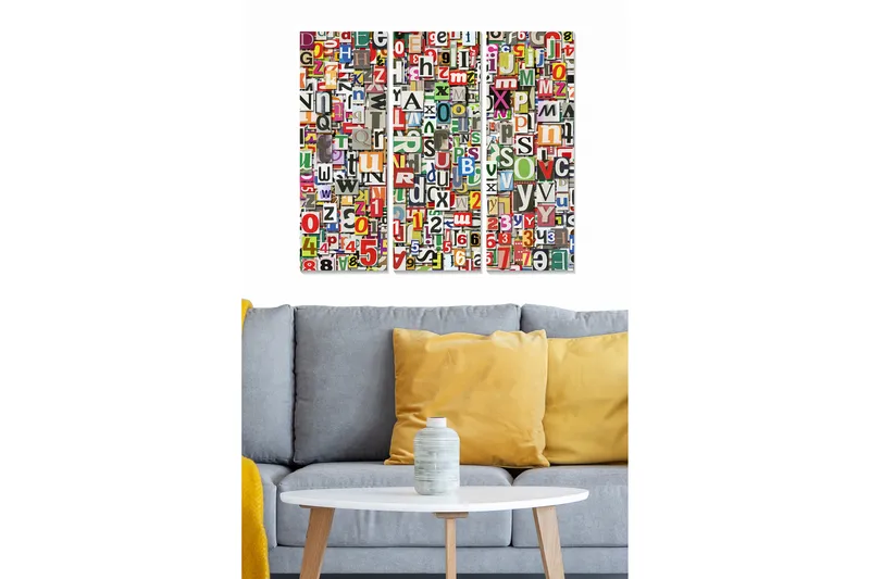 Canvastavla i trä 3-delar 50x70 cm - Färgglad samling av bokstäver och siffror, Röd / Grön / Blå