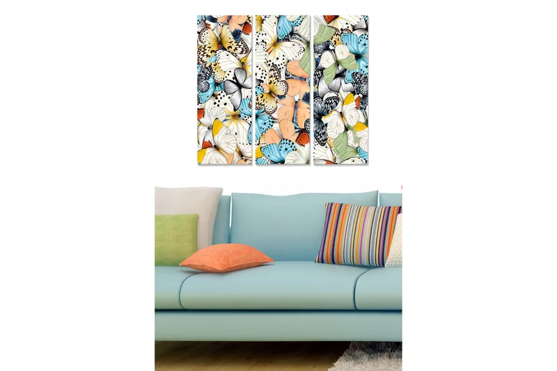 Canvastavla i trä 3-delar 50x70 cm - Färgglad samling av fjärilar, Blå / Vit / Orange