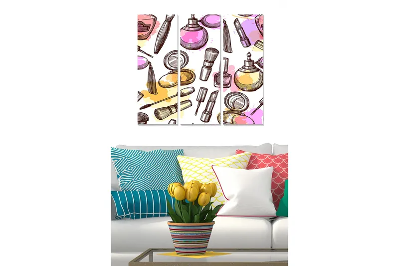 Canvastavla i trä 3-delar 50x70 cm - Färgglad samling av sminkprodukter och verktyg, Rosa / Gul / Lila