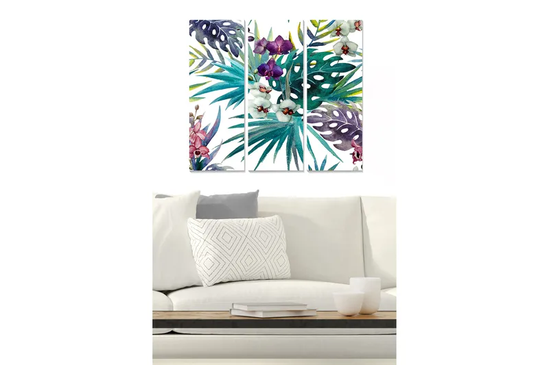 Canvastavla i trä 3-delar 50x70 cm - Färgglad samling av tropiska växter och blommor, Grön / Lila / Rosa