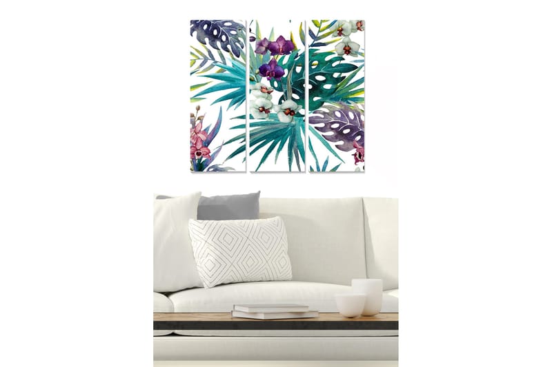 Canvastavla i trä 3-delar 50x70 cm - Färgglad samling av tropiska växter och blommor, Grön / Lila / Rosa