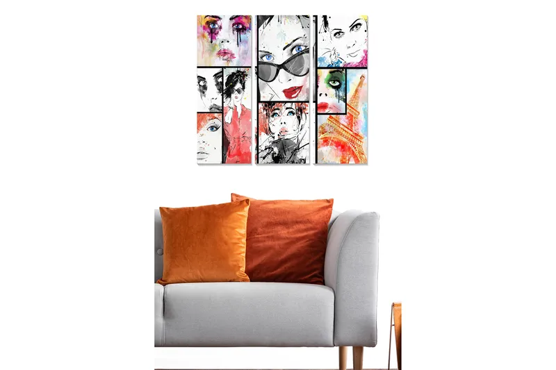 Canvastavla i trä 3-delar 50x70 cm - Färgglad sammansättning av ansikten med modeinspiration - Röd / Svart / Blå - Inredning & dekor - Tavlor & konst - Canvastavla