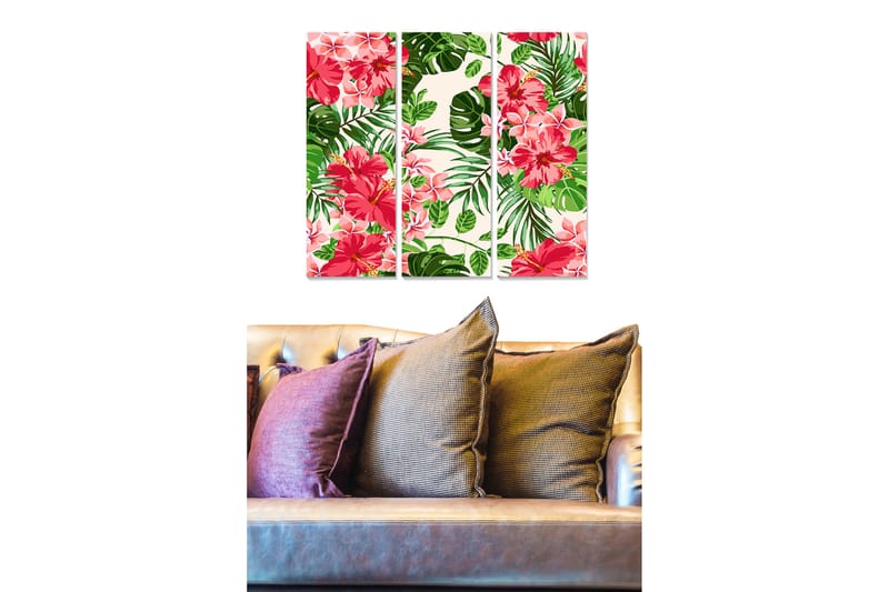 Canvastavla i trä 3-delar 50x70 cm - Färgglad tropisk blommor och bladkomposition - Rosa / Grön / Beige - Inredning & dekor - Tavlor & konst - Canvastavla