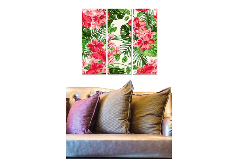 Canvastavla i trä 3-delar 50x70 cm - Färgglad tropisk blommor och bladkomposition - Rosa / Grön / Beige - Inredning & dekor - Tavlor & konst - Canvastavla