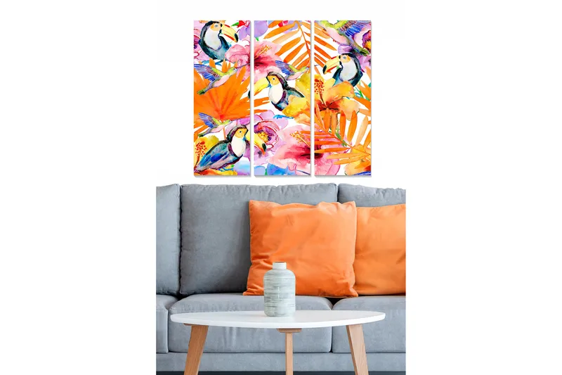 Canvastavla i trä 3-delar 50x70 cm - Färgglad tropisk komposition med tukaner och blommor, Orange / Grön / Rosa