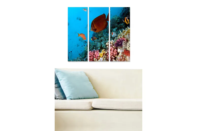 Canvastavla i trä 3-delar 50x70 cm - Färgglad undervattensscen med korallrev och simmande fiskar - Blå / Orange / Rosa - Inredning & dekor - Tavlor & konst - Canvastavla