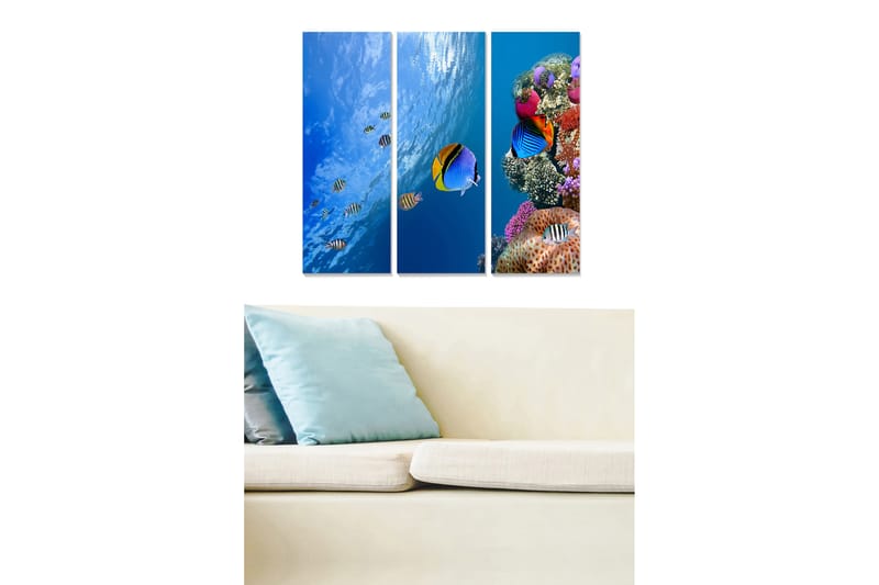 Canvastavla i trä 3-delar 50x70 cm - Färgglad undervattensscen med korallrev och tropiska fiskar, Blå / Orange / Lila