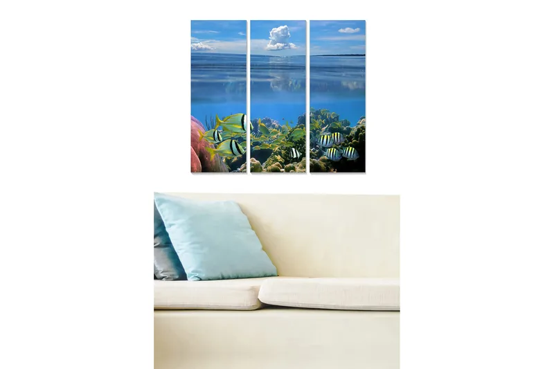 Canvastavla i trä 3-delar 50x70 cm - Färgglad undervattensscen med tropiska fiskar och koraller, Blå / Grön / Rosa