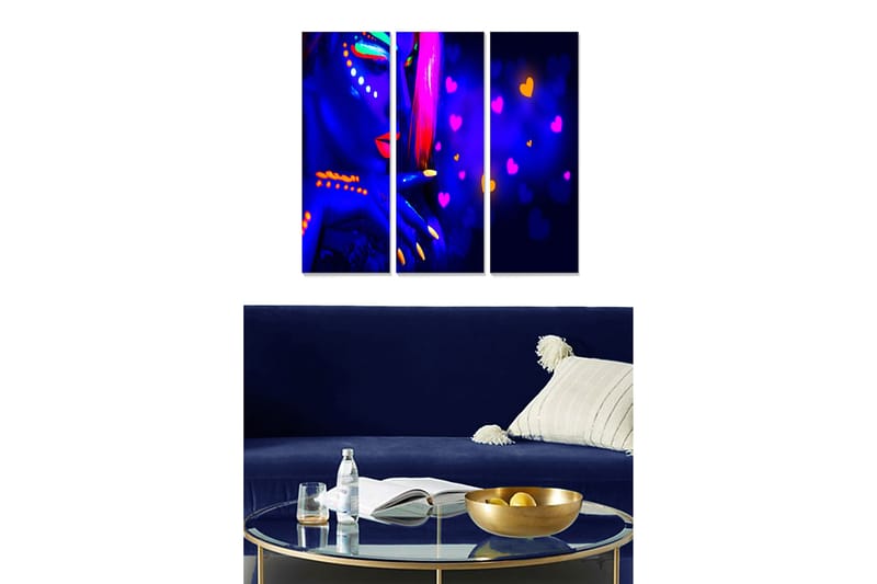 Canvastavla i trä 3-delar 50x70 cm - Färgglad porträtt av en kvinna med neonfärgad sminkning - Mörkblå / Rosa / Gul - Inredning & dekor - Tavlor & konst - Canvastavla