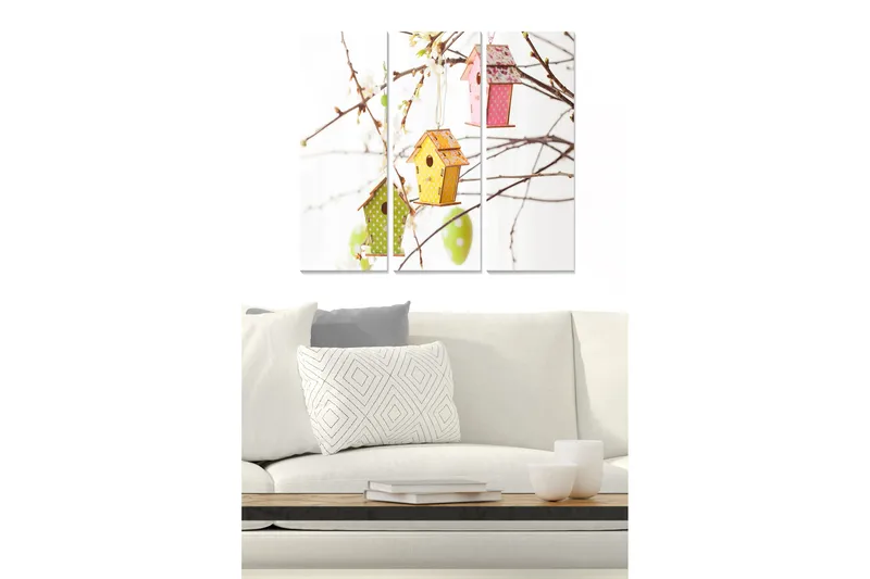 Canvastavla i trä 3-delar 50x70 cm - Färgglada fågelholkar hängande i grenar - Grön / Gul / Rosa - Inredning & dekor - Tavlor & konst - Canvastavla