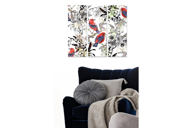 Canvastavla i trä 3-delar 50x70 cm - Färgglada fåglar bland blommor och växtlighet - Röd / Grön / Svart - Inredning & dekor - Tavlor & konst - Canvastavla