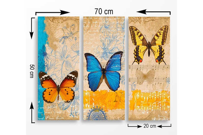 Canvastavla i trä 3-delar 50x70 cm - Färgglada fj ärilar i en konstnärlig komposition - Blå / Orange / Gul - Inredning & dekor - Tavlor & konst - Canvastavla