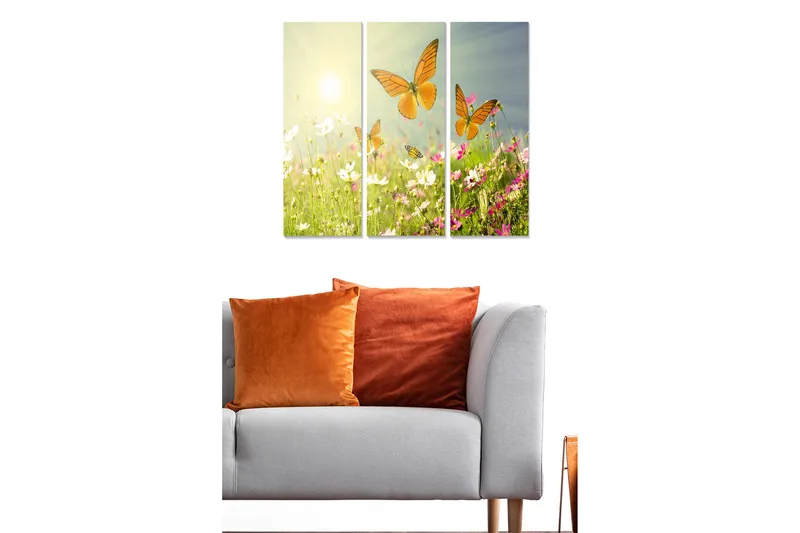 Canvastavla i trä 3-delar 50x70 cm - Färgglada fjärilar som svävar över en blomstrande äng - Orange / Rosa / Vit - Inredning & dekor - Tavlor & konst - Canvastavla