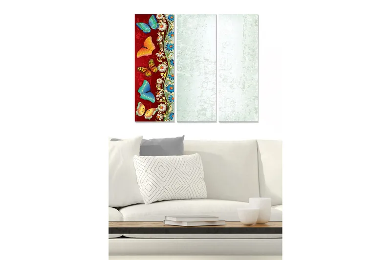 Canvastavla i trä 3-delar 50x70 cm - Färgglada fjärilar på en röd bakgrund, Röd / Blå / Orange